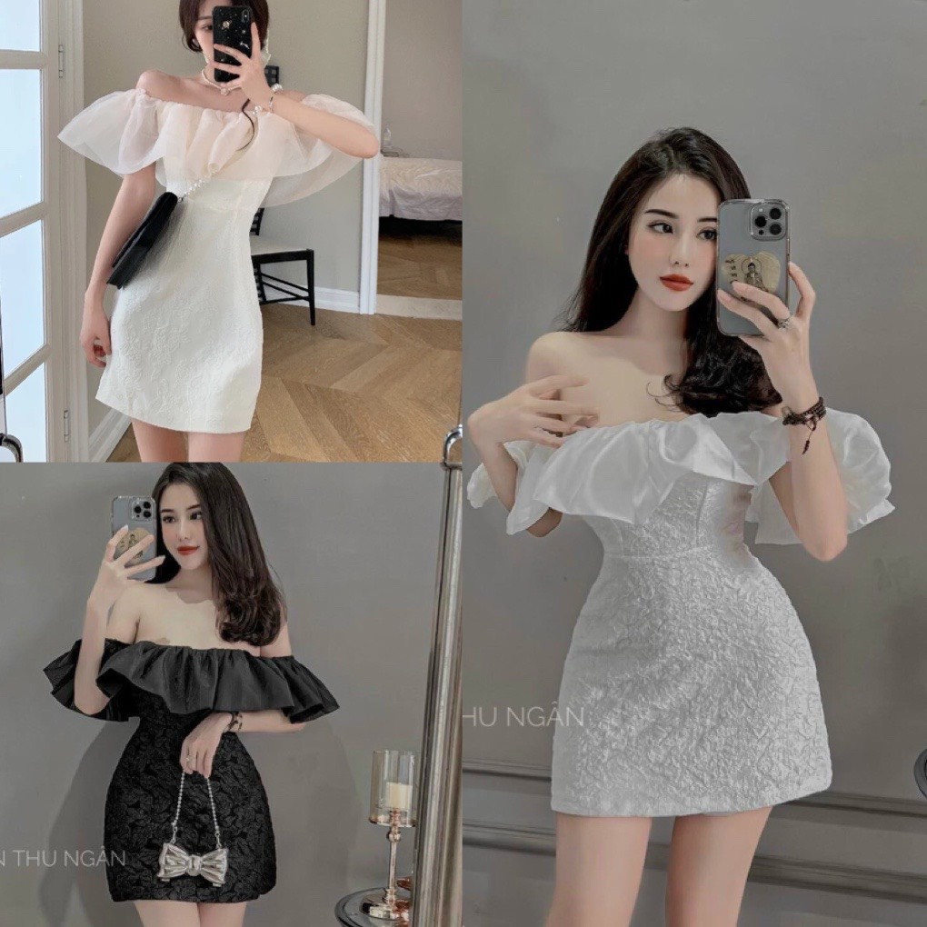 Váy trễ vai gấm xốp phối bèo tơ- Đầm ôm body hở vai về 2 màu trắng đen phong cách ulzzang