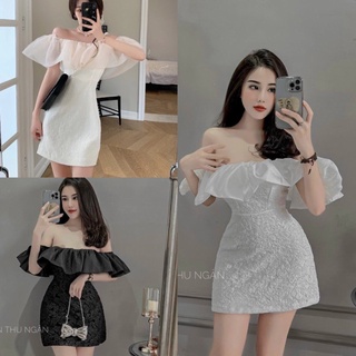 Váy trễ vai gấm xốp phối bèo tơ- Đầm ôm body hở vai về 2 màu trắng đen phong cách ulzzang
