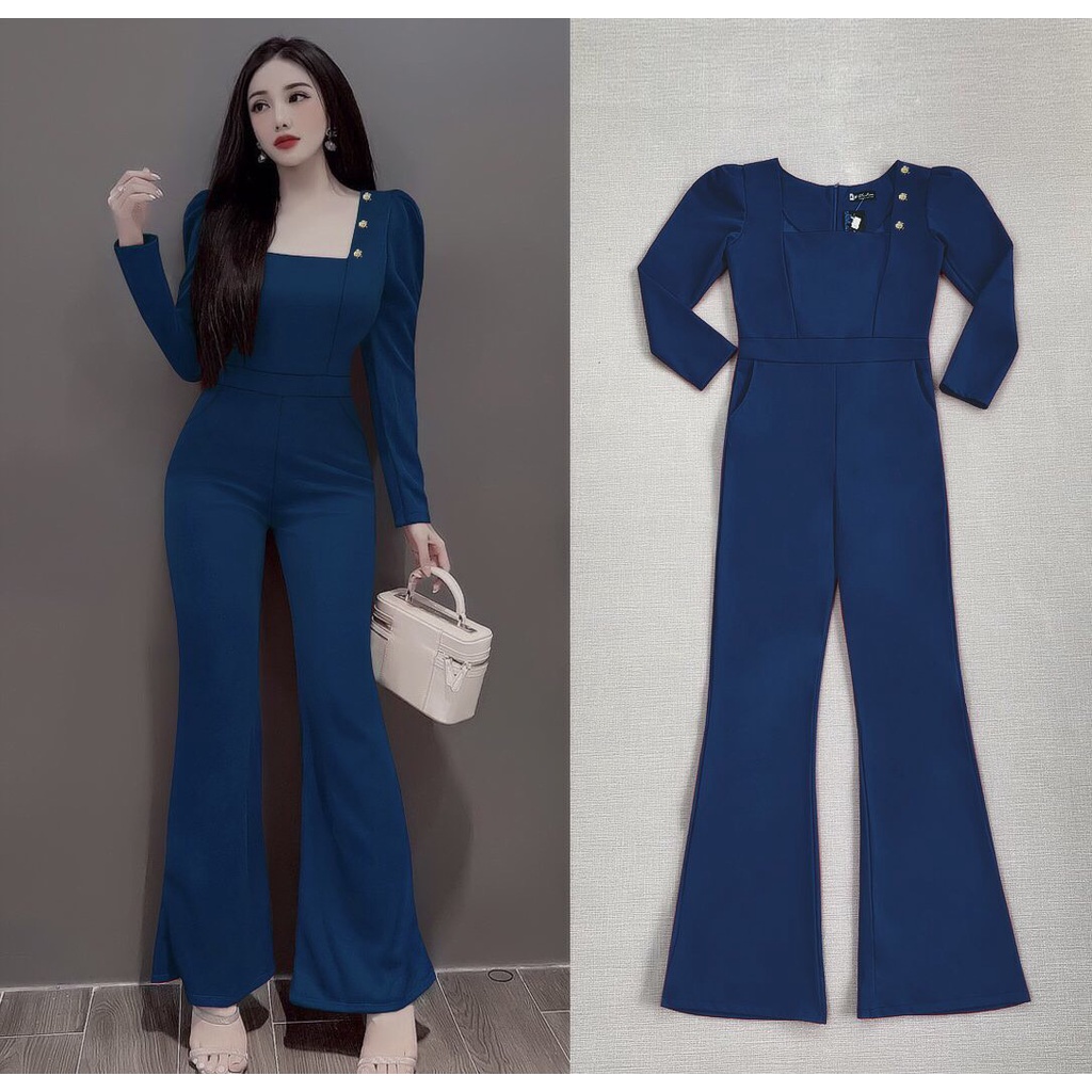 Jumpsuit dài ống loe 💝FREESHIP💝 jum cổ vuông phối nút kiểu dây kéo lưng xinh xắn J1152