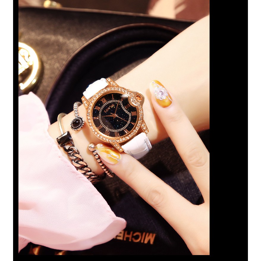 [Tặng kèm pin loại tốt] Đồng hồ nữ đẹp giá rẻ LSVTR 2019, mặt tròn, niềng đính đá, dây da, 04 màu thời trang