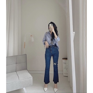 Quần jean ống loe rách gấu xanh đậm 248