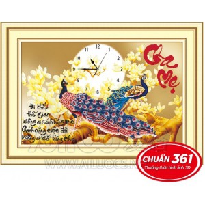 tranh thêu chữ thập thư pháp cha mẹ đoi chim công đồng hồ