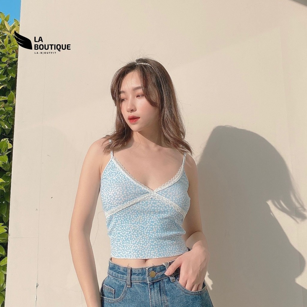 Áo 2 dây Croptop Hoa Nhí Đính Ren Ôm Body LA BOUTIQUE LA01