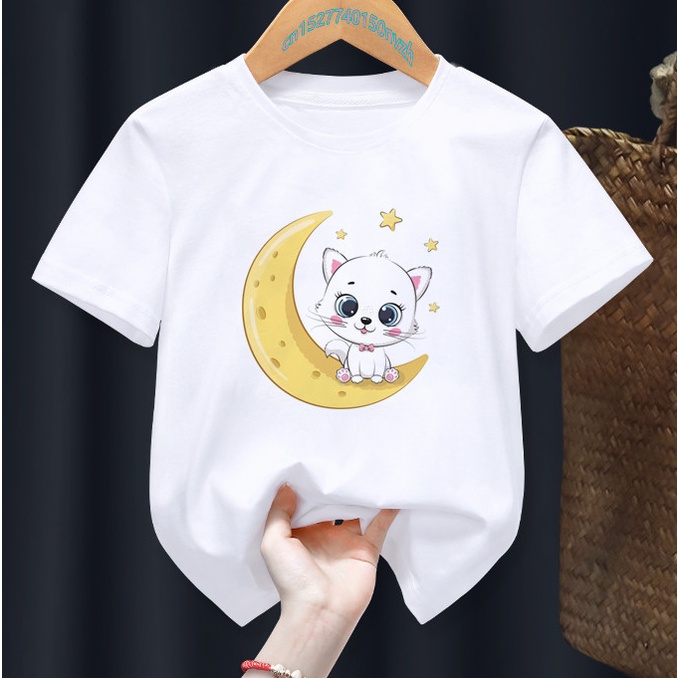 Áo Thun Trắng In Họa Tiết Động Vật Mặt Trăng Vui Nhộn Phong Cách Harajuku Thời Trang Mùa Hè Cho Bé