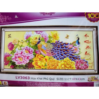 Tranh thêu chữ thập chim công hoa khai phú quý LV3063