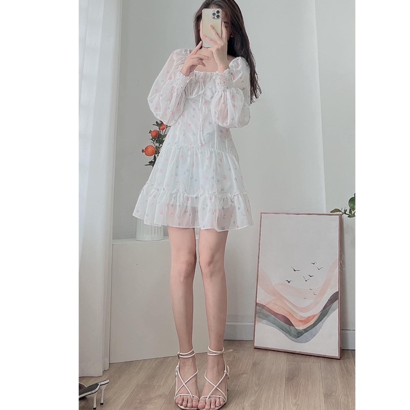 Váy babydoll hoa nhí cổ vuông tay dài dây rút ngực dáng xoè bèo tầng 2 lớp phong cách Hàn Quốc