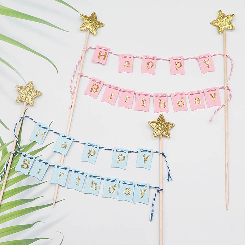 Cờ Treo Trang Trí Bánh Kem Chữ Happy Birthday Màu Vàng Kim Lấp Lánh