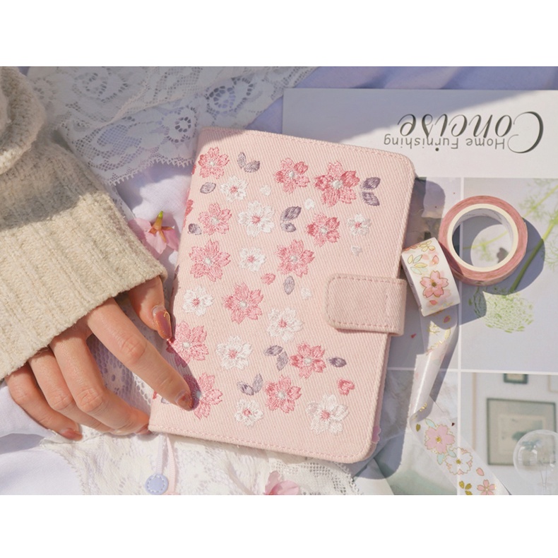 Bộ Sổ Tay Khổ A6 Thêu Hình Hoa Anh Đào Dễ Thương