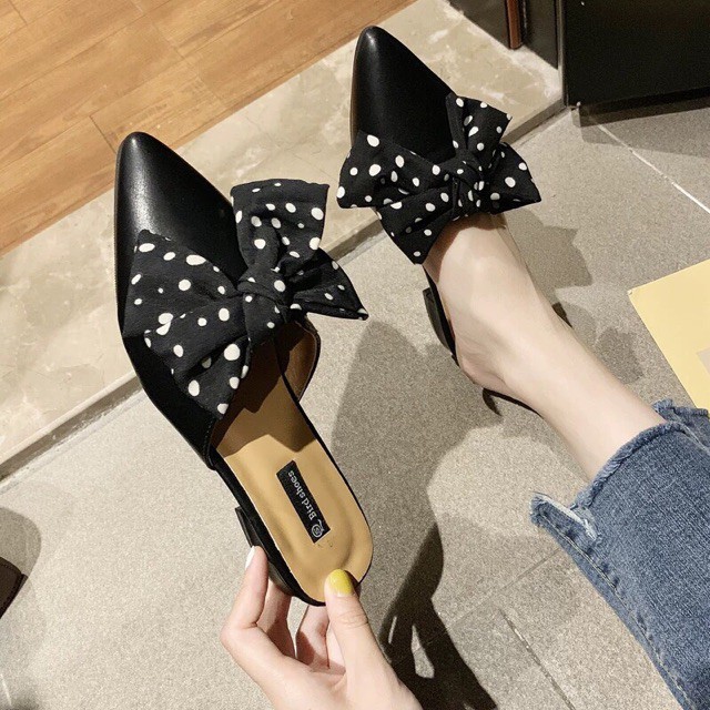 FREE SHIP30K (H618) Dép sục nữ thắt nơ vải chấm bi cao ~3cm