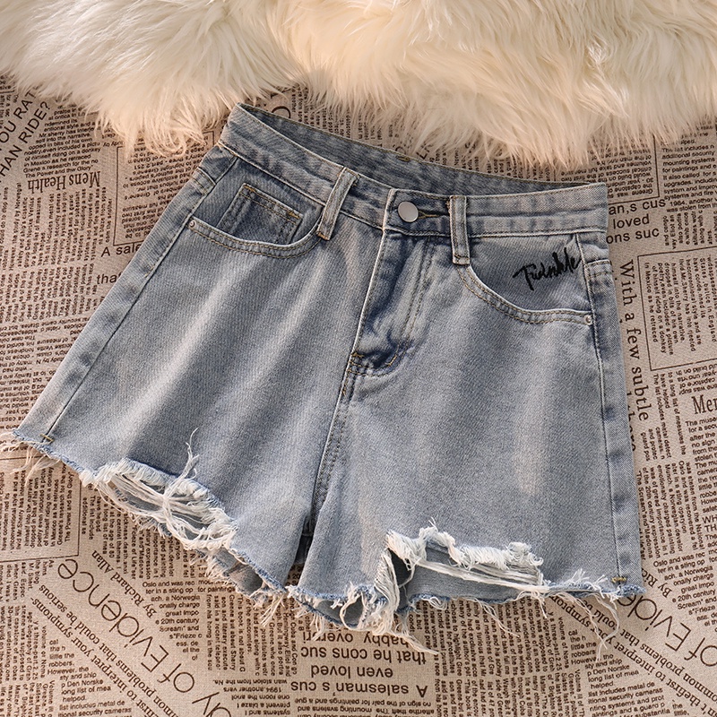 NUZIRO  Quần đùi  denim lưng cao ống rộng thiết kế rách cá tính thời trang dành cho nữ