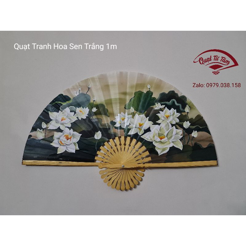 Quạt Tranh Lụa Hoa Sen Trắng Treo Tường Quạt Từ Tâm Kích Thước Lớn 1m