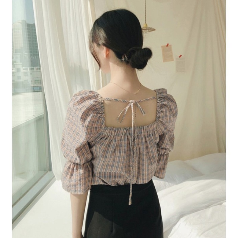 Áo kiểu phối sọc caro phong cách thời trang Hong Kong cá tính cho phái nữ | BigBuy360 - bigbuy360.vn