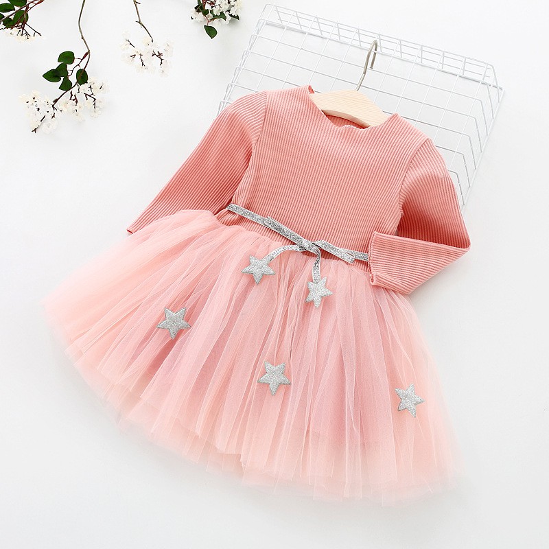 Váy thu đông bé gái  họa tiết đính ngôi sao xinh xắn dành cho bé 1-4 tuổi VT02