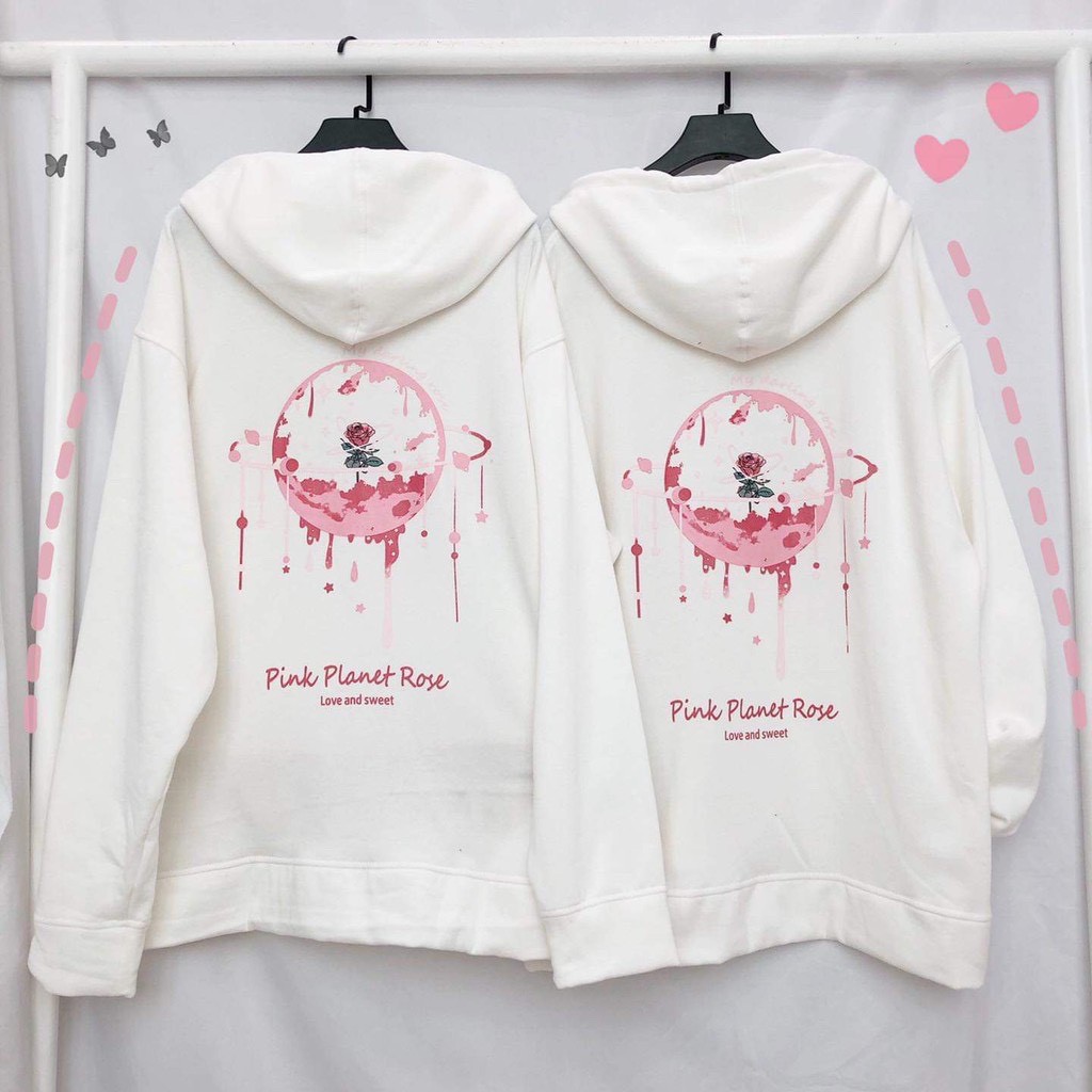 Áo Khoác Nỉ Form Rộng Pink Planet Rose Unisex Phối Dây Kéo Khóa 2 Màu Đen Trắng Ulzzang, Labibi