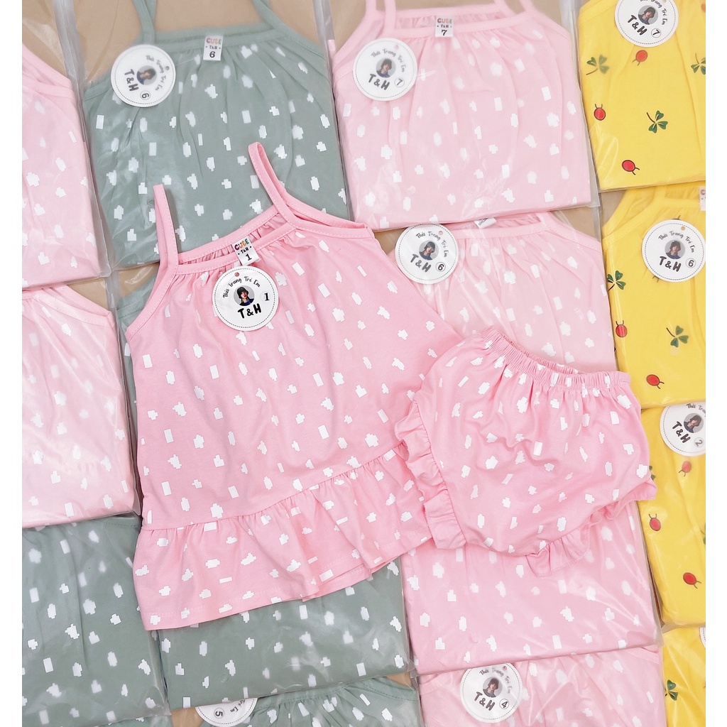 Đồ bộ bé gái - Bộ 2 dây bé gái - Set hoa Liti áo babydoll quần short size 7-18 kg, SUN KID'S