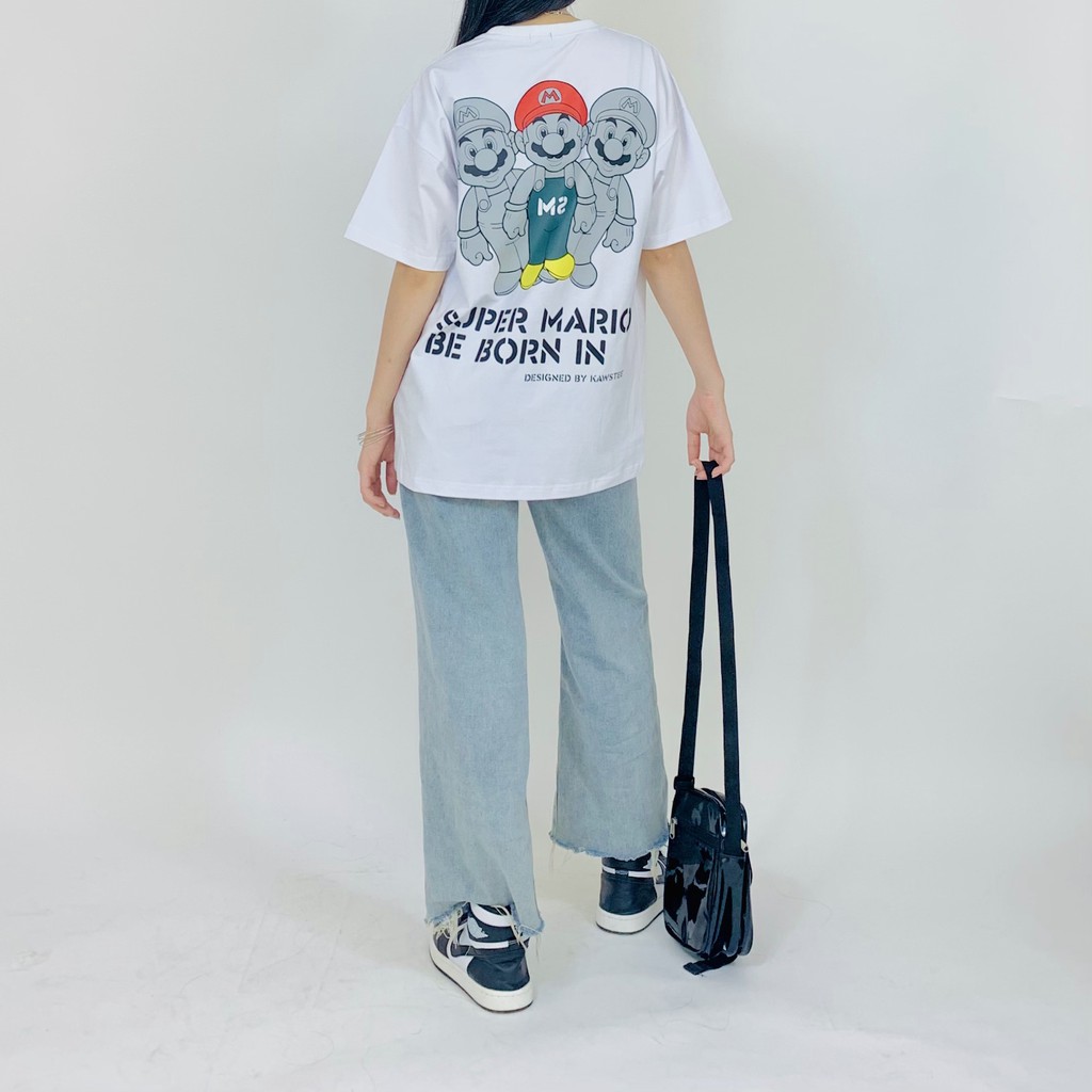 Áo thun tay lỡ KAWSTEE phông Unisex nam nữ form rộng oversize Super Mario trắng