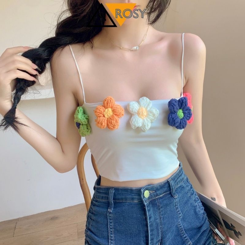Áo 2s croptop chất borip gân phối ticker hoa cúc đan bằng len siêu đáng yêu