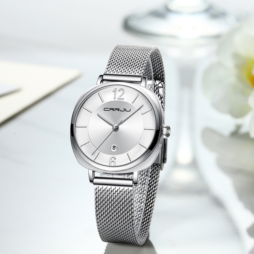 Đồng hồ thạch anh CRRJU 2169 X bằng thép không gỉ chống thấm nước thời trang thể thao thông thường đơn giản cho nữ