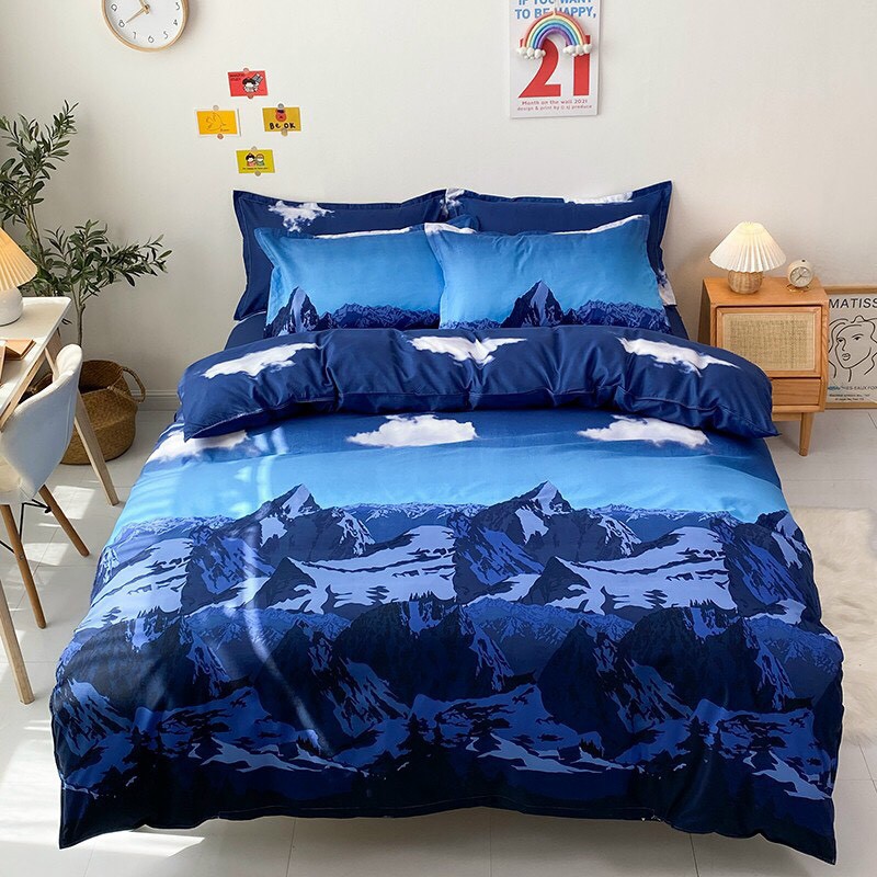 Bộ chăn ga gối , drap giường chất cotton poly họa tiết mây trắng nền xanh đậm