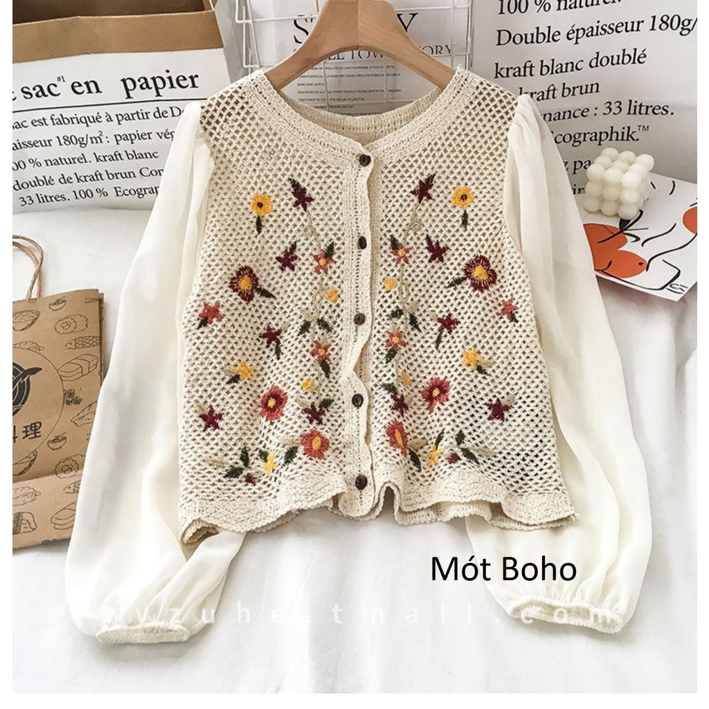 Áo móc len kem thêu hoa màu sắc MÓT BOHO