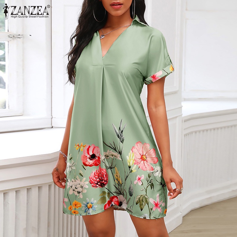 Đầm ngắn ZANZEA cổ chữ V hoạ tiết in bông hoa tinh tế dáng chữ A cổ điển ngọt ngào cho nữ