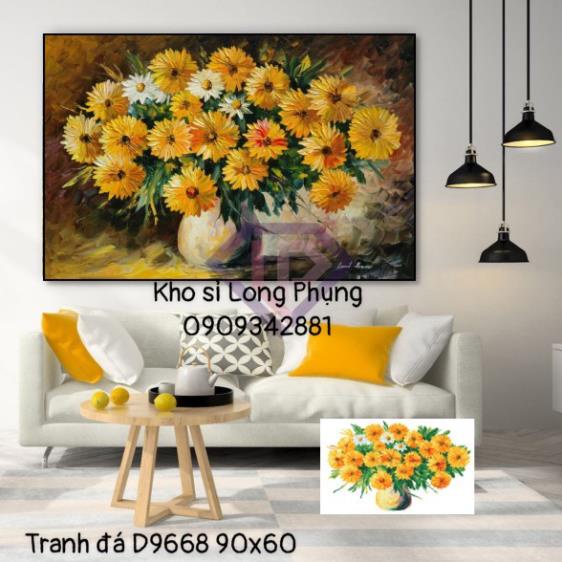 Tranh đính đá - Tranh thêu chữ thập Bình Hoa Cúc Vàng D9668 90x60 cm-Dv6296 75x50  - Chưa đính -tranh đính đá giá rẻ