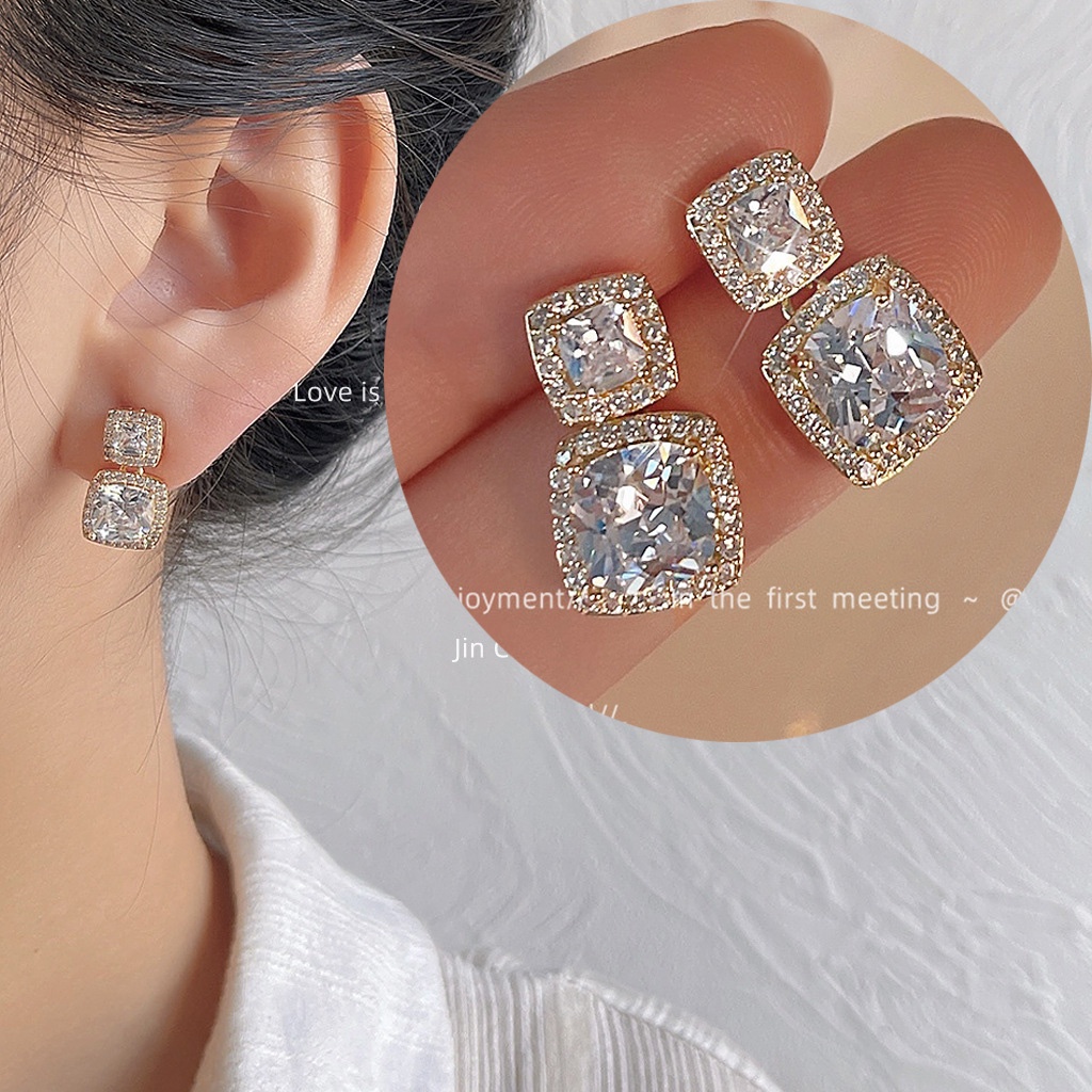 Bông Tai Mạ Bạc 925 Hình Vuông Đính Đá Zircon Phong Cách Hàn Quốc Sang Trọng