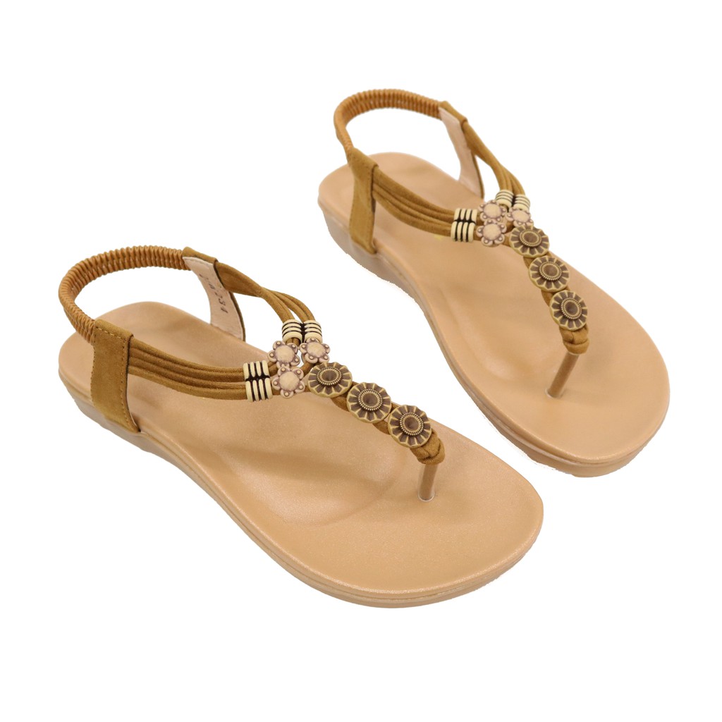 Sandal nữ GIAVY-Xăng đan quai kẹp kết hoa gỗ xinh xắn, quai hậu thun dễ mang SU H234 màu bò.