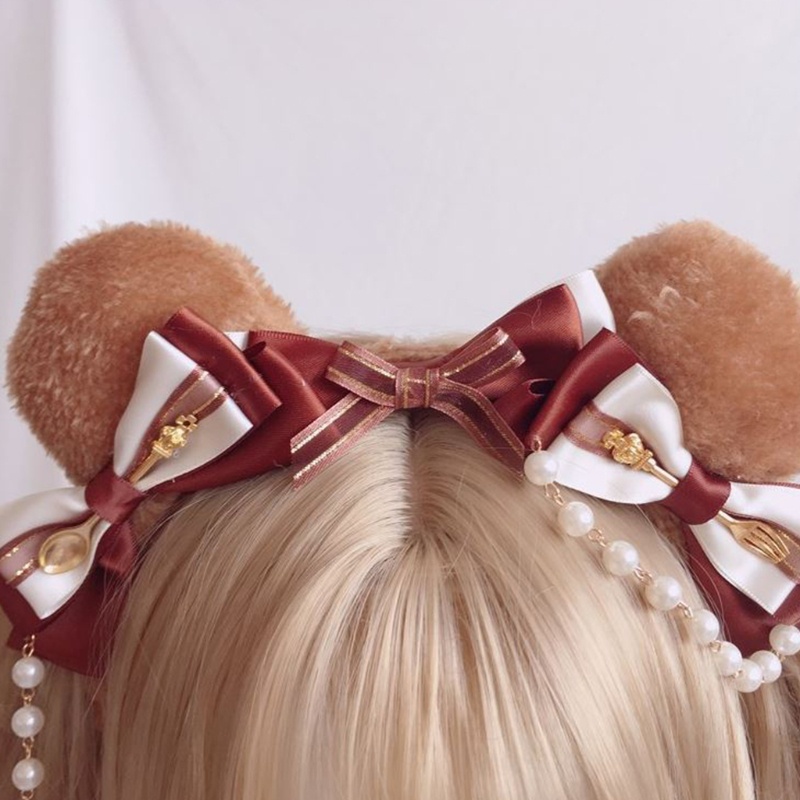 Cài tóc tai gấu bằng vải lông trang trí nơ và chuỗi hạt ngọc trai nhân tạo lolita dễ thương cho tiệc hóa trang anime