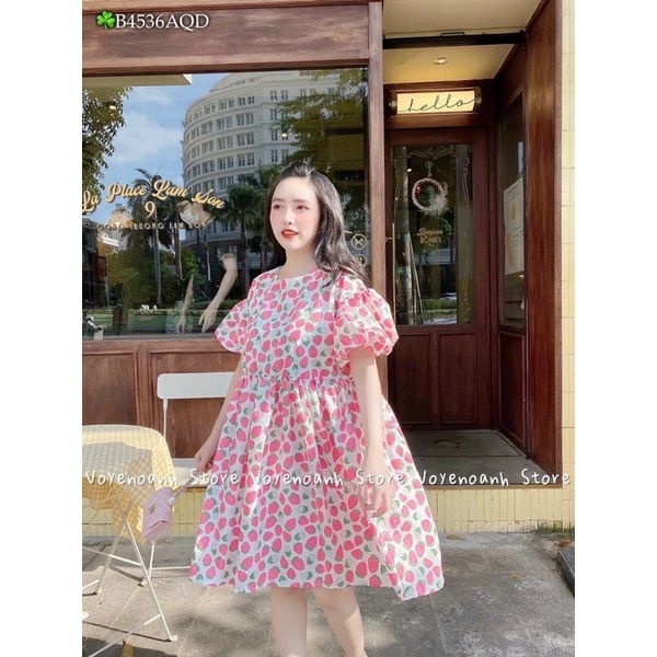 Đầm babydoll trái dâu đi biển đi dạo mặc nhà dễ thương bầu bì bon chen được