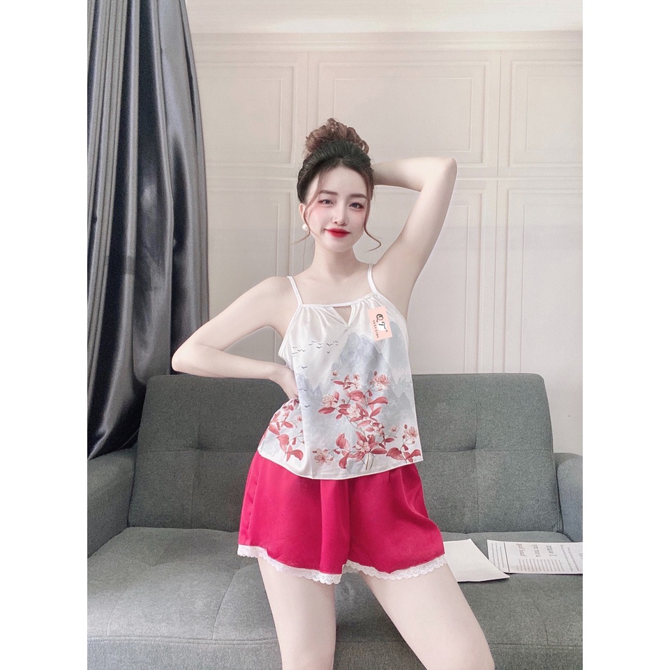 Đồ ngủ sexy - Đồ bộ 2 dây in họa tiết 3D mặc nhà chất satin mềm mịn freesize Linqu Sleepwear
