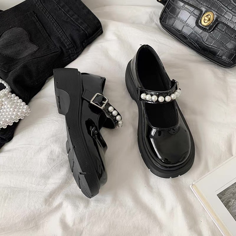 🎀  LOẠI 1 Giày búp bê lolita ulzzang nữ tính xinh xắn đính ngọc độn đế bằng da lì da bóng CÓ ẢNH THẬT