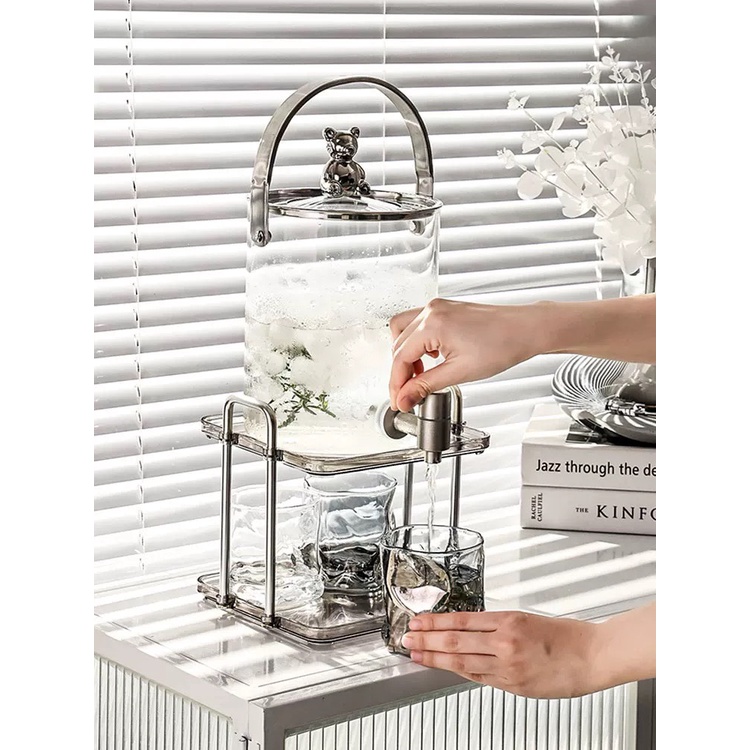Bình nước Gấu thủy tinh có van đóng mở + 4 cốc xoắn - Bình nước chờ có vòi nhà hàng, khách sạn, cafe