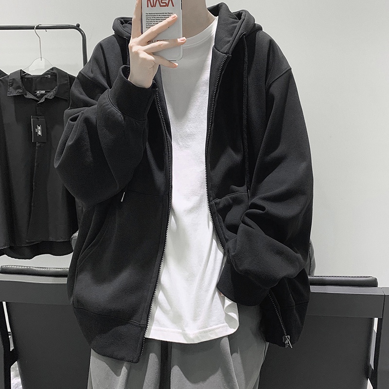 Áo Khoác Hoodie Tay Dài Dáng Rộng Màu Sắc Đơn Giản Phong Cách Hồng Kông Thời Trang Cho Nam
