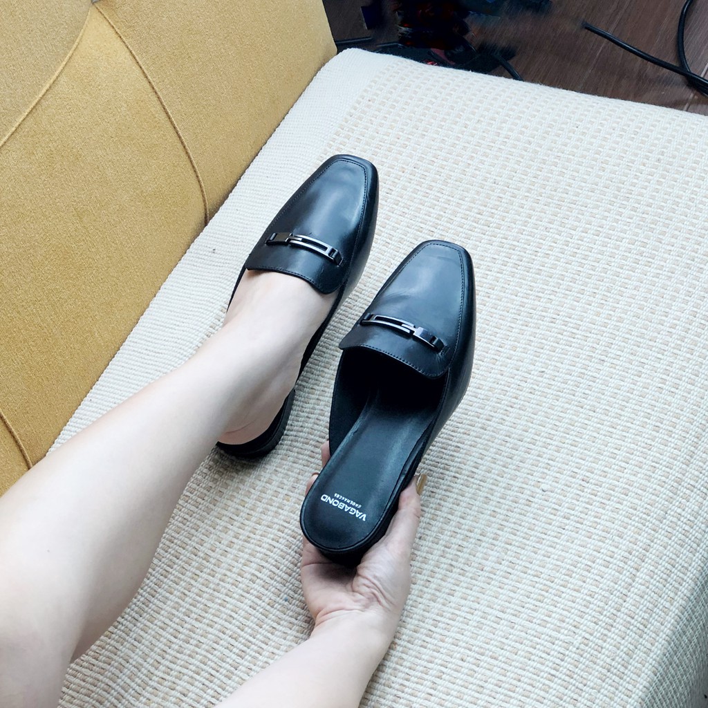 Dép sục nữ da thật, sục da thật mũi vuông đế bệt 2cm đai kim loại - Hàng VNXK - Kimy Store