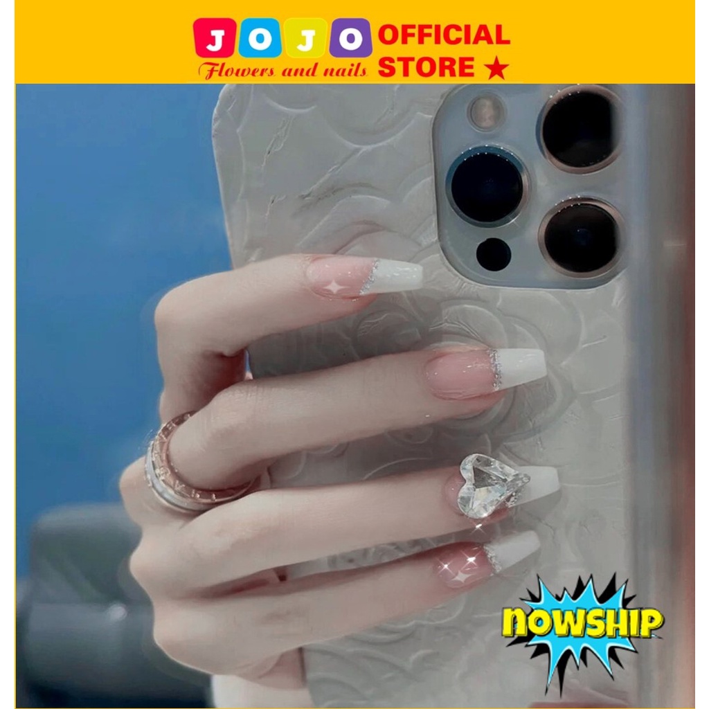 Set 24 móng tay giả vuông dáng dài đính đá trái tim X29 xinh xắn