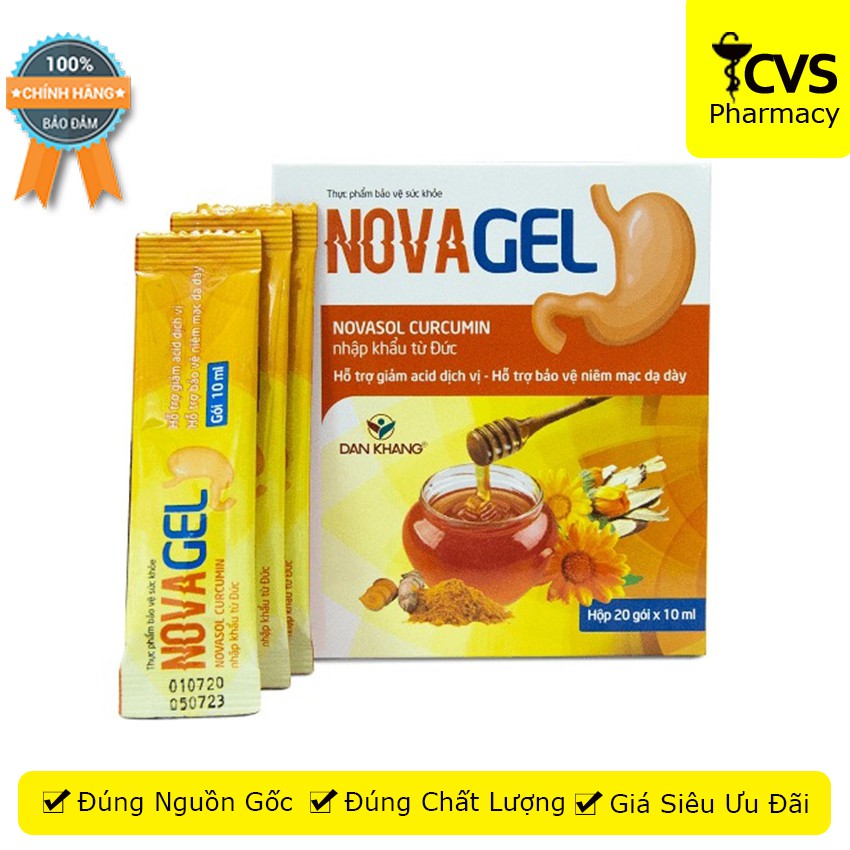 Novagel / Nova gel cvspharmacy Hộp 20 gói, Hỗ trợ giảm đau dạ dày, bảo vệ niêm mạc dạ dày