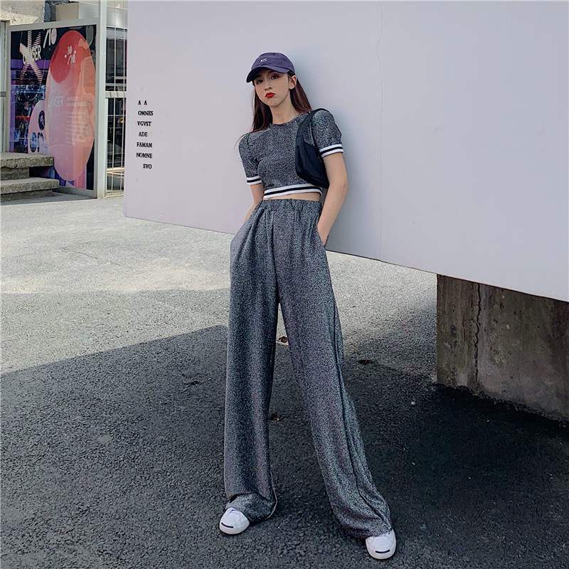 Set áo croptop tay ngắn và quần ống rộng kim sa màu đen &amp; xám H67 Hỉn Hỉn Store