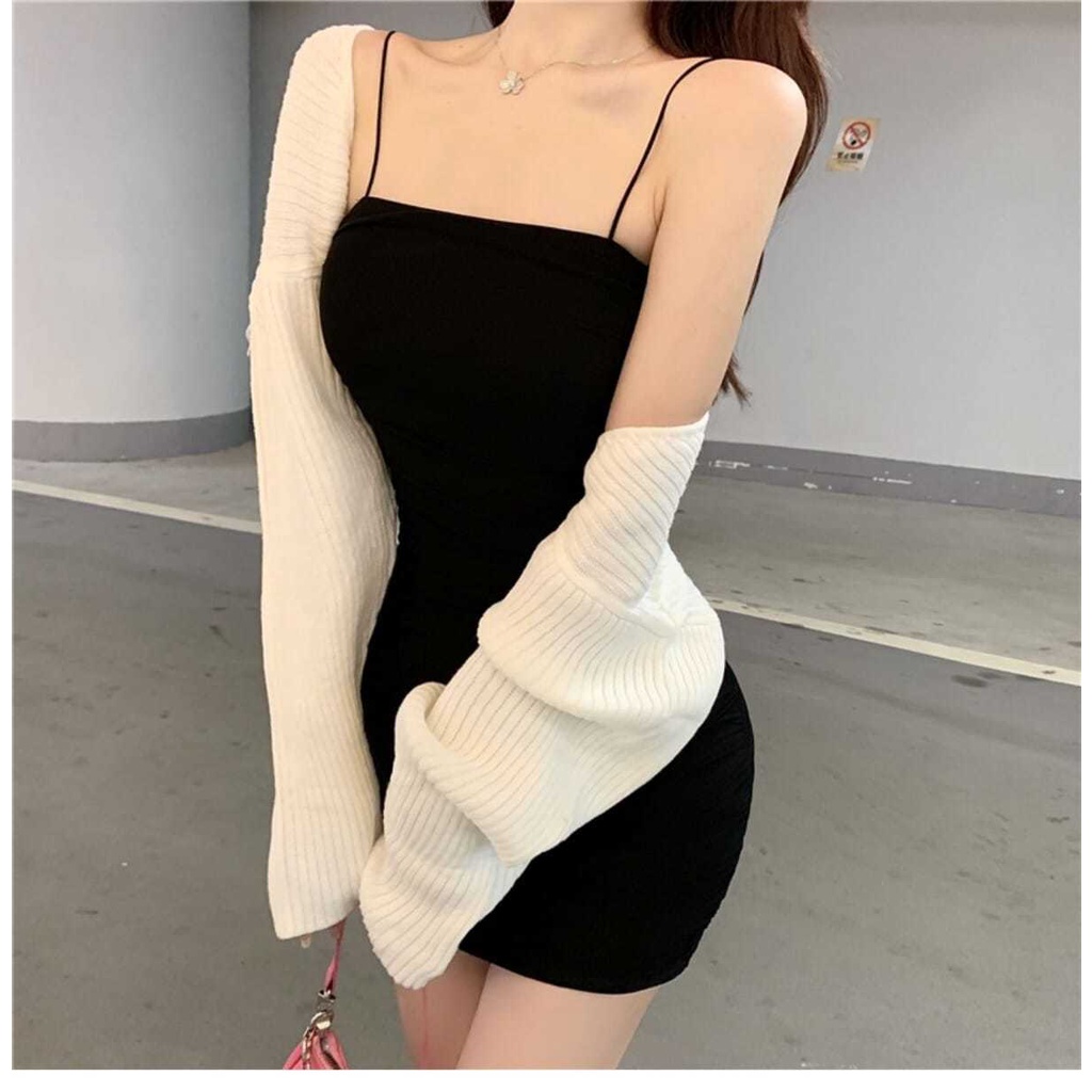 Happy-store  Đầm Ôm hai dây trễ vai Dáng Màu Trơn Thời Trang Mùa Hè Phong Cách Hàn Quốc Cho Nữ