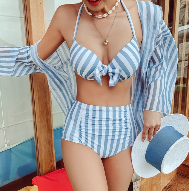 (Có sẵn) Bộ bơi bikini 2 mảnh kèm áo khoác sọc xanh lưng cao giấu bụng áo ngực nâng kiểu Hàn Quốc