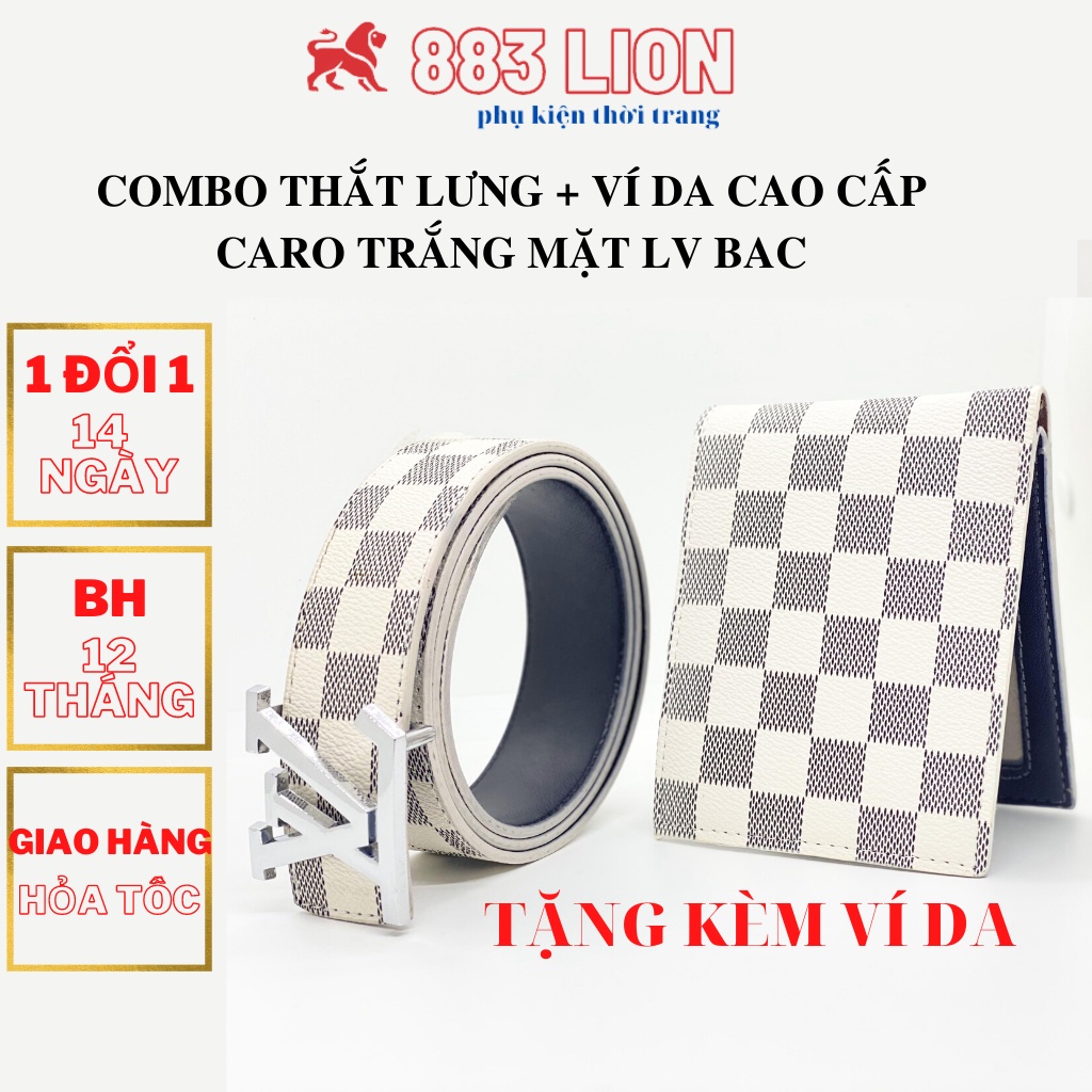 Combo Thắt Lưng Nam LV/Dây Nịt Nam+ Ví Da/Bóp Nam Cao Cấp Kẻ Caro Màu Xám Mặt Khóa Bạc LV Da Tổng Hợp PVC