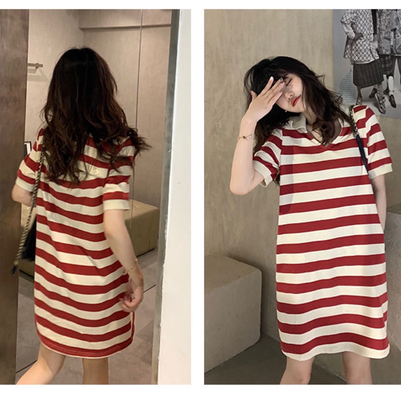 Đầm Thun Tay Ngắn Cổ POLO Form Rộng Họa Tiết Kẻ Sọc Phong Cách Hàn Quốc | BigBuy360 - bigbuy360.vn