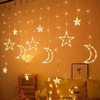 (Dùng Điện) Bộ Đèn Led Rèm Trang Trí 6 Trăng Sao Lớn 6 Sao Nhỏ, Dài 3 Mét, Màu Vàng Nắng, Có Phích Nối