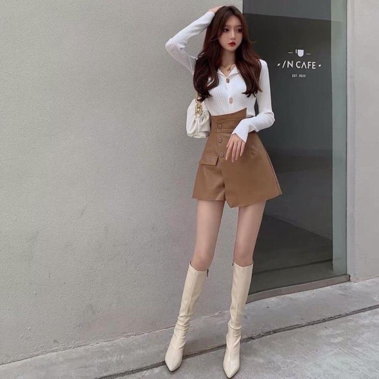 Quần giả váy quần da thiết kế cạp 3 khuy cao vạt lệch