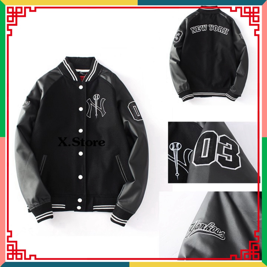 & Áo Khoác Bomber Nam Nữ Ni Phối Tay Da - Áo Bomber Bóng Chày NY Chất Đẹp Có Ảnh Thật Tự Chụp + Đánh Giá Unisex X.Store