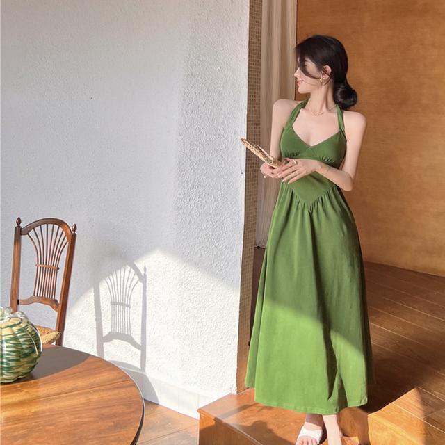 Jiashucheng Đầm Xòe Dài Không Tay Lưng Cao Cổ Điển Màu Xanh Lá Mùa Xuân Kích Thước Lớn Cho Nữ Đi Nghỉ Mát