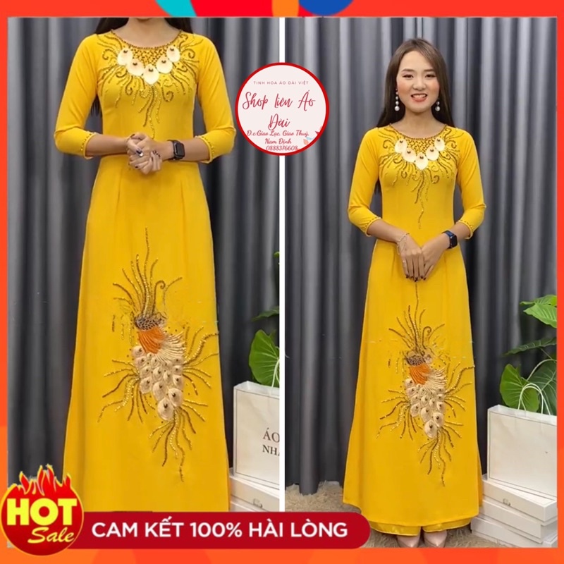 Áo dài truyền thống cho mẹ lên sui gia, áo dài thiết kế đính kết ren phối hợp pha lê cao cấp sang chảnh