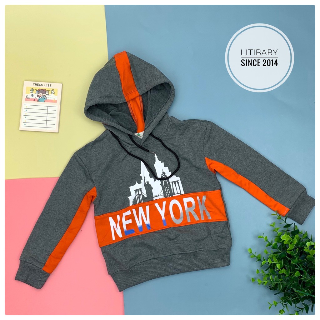 Áo nỉ da cá bé trai có mũ Newyork Size 10-16T, chất dày dặn, hàng Việt Nam thương hiệu Litibaby