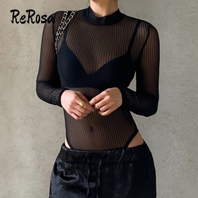 Rerosa Bộ Áo Liền Quần Dài Tay Phối Lưới Ôm Dáng Cắt Xẻ Quyến Rũ Cho Nữ | BigBuy360 - bigbuy360.vn