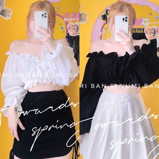 Áo croptop bèo cổ v tay dài cột eo siêu xinh